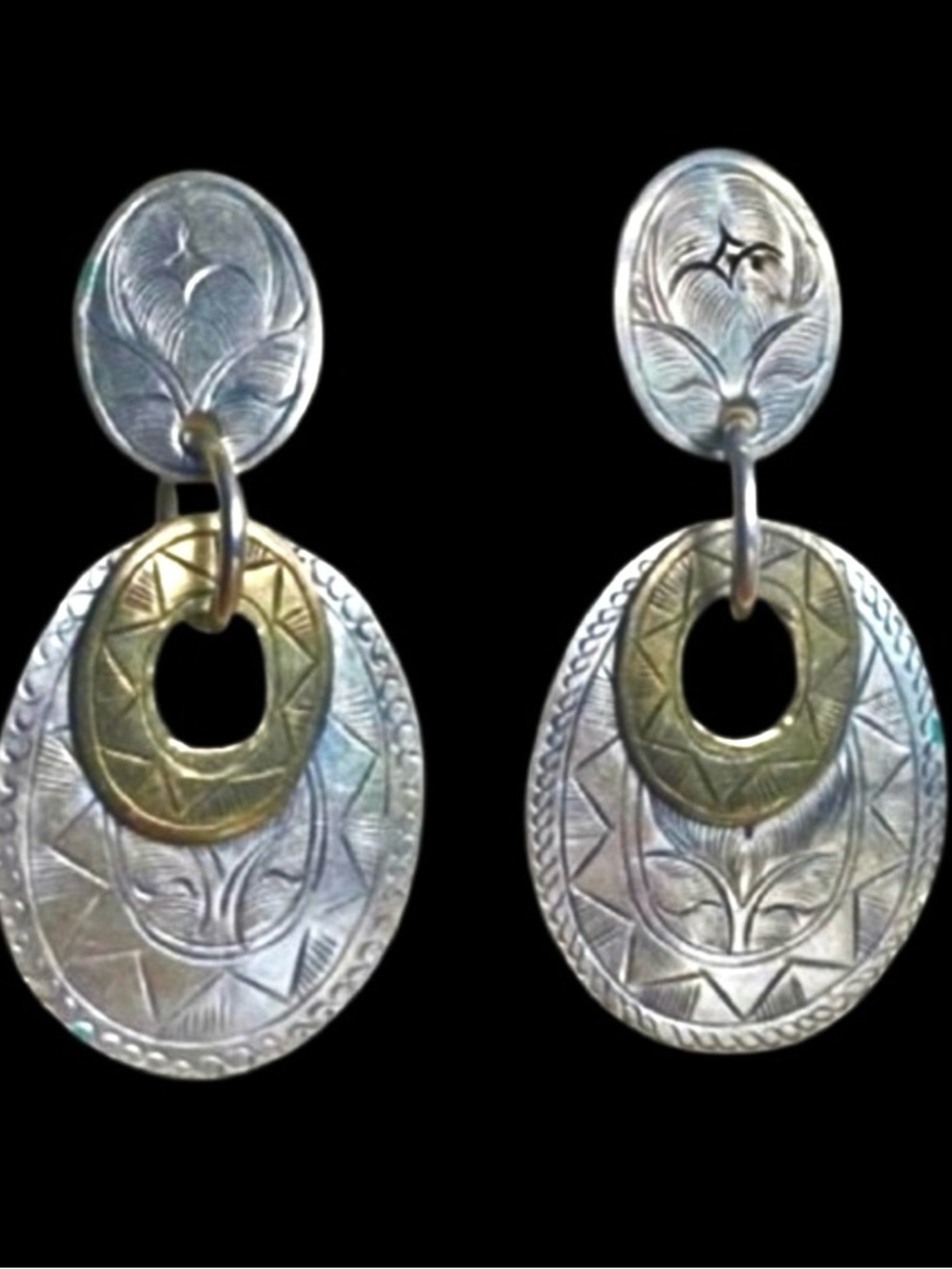Vintage Artisan Etched Silver and Gold Tone Metal Stud Dangle Earrings 2”